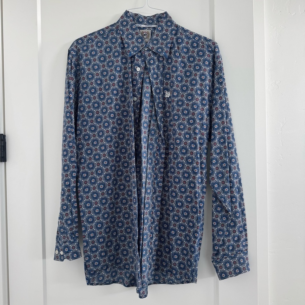 Cinch Blue Casual Button Down Shirt with Geometric Pattern